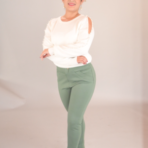 Saco con perlas en las mangas, pantalón Marsella pretina ancha
